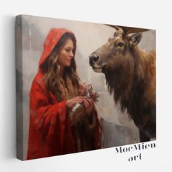 Beauty and Reindeer Canvas, Poster Vintage Christmas Wall Art Christmas Oil Painting Reindeer Cottagecore Decor Christma