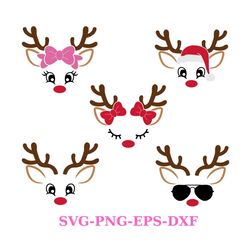 Christmas Reindeer Faces SVG PNG Bundle, Girl Reindeer SVG, Boy Reindeer Svg, Christmas in July 2023 Svg, Cute Reindeer