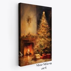 Hideaway Canvas, Poster Vintage Christmas Tree Canvas Poster Oil Painting Living Room Moody Wall Art Cottagecore Decor M