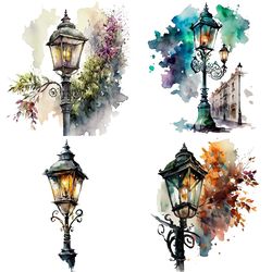 "Street Lamp Clipart, Watercolor Light Sublimation, PNG"