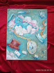The original art oil painting is a Fantasy, the Blue March Hare sleeps on a cloud.