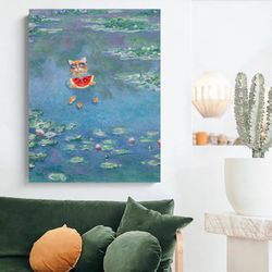 Claude Monet, Cat Bathing In The Pond Of Water Lillies, Oil Painting Poster Print, Gifts Ideas