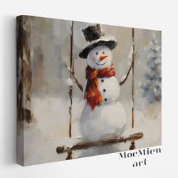 nostalgia snowman canvas, poster vintage christmas wall art snowman on swing christmas oil painting cottagecore decor mo