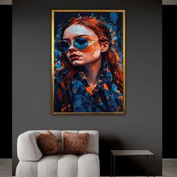 portrait of woman with glasses canvas print, red-haired sexy artwork, cool girl artprint