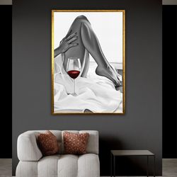 Sensual Woman Canvas Print, Nude Woman Artwork, Sexy Body Art, Wine Drinker Artprint