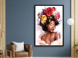 black woman head flowers wall art, girl flowers poster, flower woman poster, black art, black girl print,flower woman pa