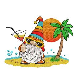 Summer Gnome with a Cocktail on the Beach Machine Embroidery Design, 3 sizes, Instant Download