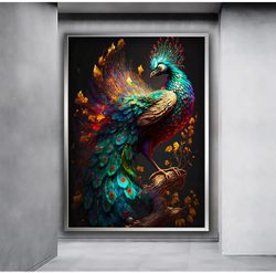 Colorful peacock canvas wall art, peacock wall decor, peacock canvas print, animal canvas print, colorful animal canvas