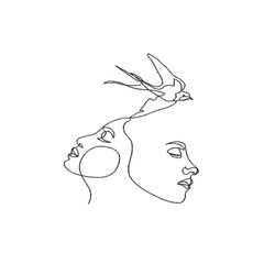 Faces with Swallow Machine Embroidery Design. 3 Sizes. One Line Embroidery Design