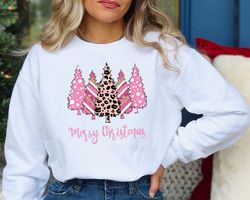 Christmas Sweatshirt, Leopard Print Christmas Sweatshirt, Merry Christmas Pink Christmas Trees Sweatshirt, Cute Christma