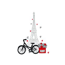 Bicycle in Paris Machine Embroidery Design. 4 Sizes. Eiffel Tower Machine Embroidery Design