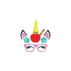 Unicorn with Apple and Pencil Machine Embroidery Design. 4 sizes. Back to School Embroidery Design