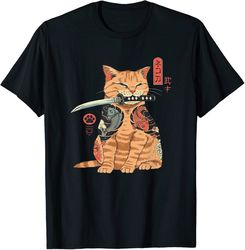 japanese samurai ninja cat kawaii tattoo graphic t-shirt