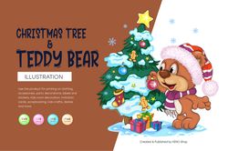 Cartoon Teddy Bear and Christmas Tree.