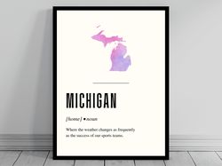 Funny Michigan Definition Print  Michigan Poster  Minimalist State Map  Watercolor State Silhouette  Modern Travel  Word