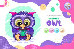 Cartoon Owl with a Cup. T-Shirt, PNG, SVG.