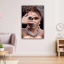 Female Model with One Eye Closed and Silver Jewelry Roll Up Canvas, Stretched Canvas Art, Framed Wall Art Painting