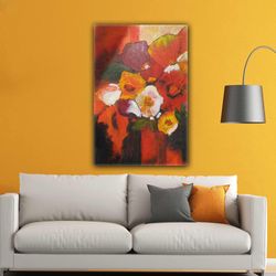 Flower in Red Vase with Oil Painting Effect Roll Up Canvas, Stretched Canvas Art, Framed Wall Art Painting