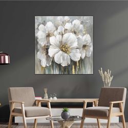 Gold White Flower With Oil Painting Effect Modern Decoration Roll Up Canvas, Stretched Canvas Art, Framed Wall Art Paint
