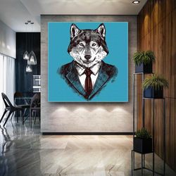Illustration of Wolf in a Suit Business Wolf Roll Up Canvas, Stretched Canvas Art, Framed Wall Art Painting