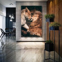 King Of The Jungle Lion And His Family Nature Love Animal Roll Up Canvas, Stretched Canvas Art, Framed Wall Art Painting