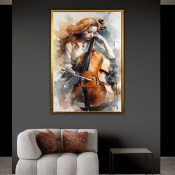 Music Lover Woman Playing Cello Canvas Print, Musician Portrait Artwork, Gift Idea, ArtPrint