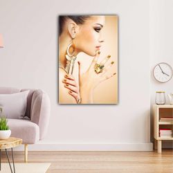 Female Model Gold Nail Polish Jewelry with Gold Ring Roll Up Canvas, Stretched Canvas Art, Framed Wall Art Painting