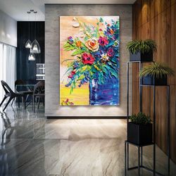 Flowers in a Vase Oil Painting Effect Flower Brush Traces Decorative Roll Up Canvas, Stretched Canvas Art, Framed Wall A
