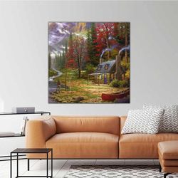 forest house with oil painting effect fishing nature tranquility landscape roll up canvas, stretched canvas art, framed