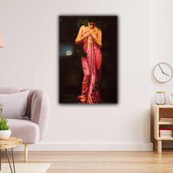 Girl in the Forest with Oil Painting Effect Meditation Moonlight Nature Roll Up Canvas, Stretched Canvas Art, Framed Wal