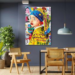Girl with a Pearl Earring Vermeer Grafitti Street Art Roll Up Canvas, Stretched Canvas Art, Framed Wall Art Painting