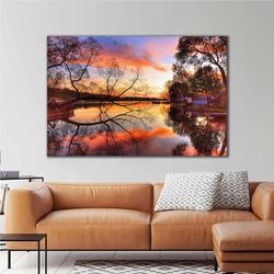 Lake House Landscape Nature Tree Sunset Tranquility Roll Up Canvas, Stretched Canvas Art, Framed Wall Art Painting