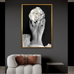 Woman with Sexy Back Canvas Print, Floral Head Artwork, Naked Woman Artprint