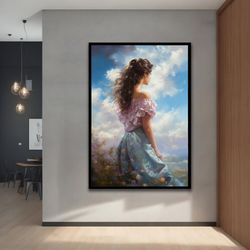 Beautiful Girl with Flowers Canvas Painting, Abstract Woman Wall Art, Modern Decor Ideas for Home and Office with Differ