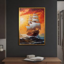 Ship canvas painting, Ship at Sunset wall art, Sea wall art, Pirate Ship canvas painting, Decor art for home and office,