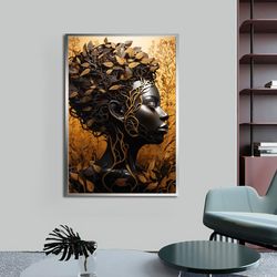 African Woman with Gold Flowers Art Print, Wall Art for Home and Office, Modern, Natural, Vivid, Decor Ideas with Differ
