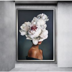 Flower Headed Woman Wall Art, Woman with White Flower Head Canvas Print, Woman Portrait with Flowers, Female Art, Woman