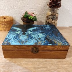 Tea Box Organizer. Blue Gold Shades Wooden Tea Box. Tea Bags Storage. Jewelry Box. Blue Kitchen Decor.
