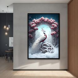 Peacock Canvas, Floral red and white Peacock wall decor,Animal Art, Modern Decor Ideas with Different Frame Options for