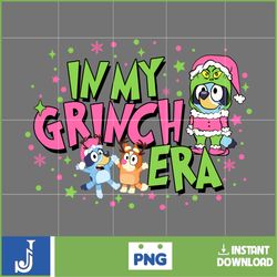 Pink Blue Dog & Christmas Png, Christmas Cartoon Png, Funny Christmas 2023 Png, Blue Dog and Family Png, Pink Christmas