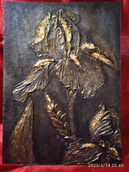 Original acrylic art painting of Ukrainian Iris. Relief, gold leaf on black