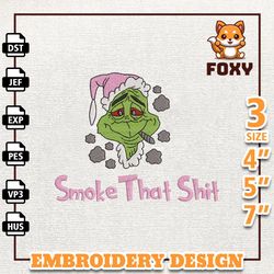 Retro Christmas Green Monster Embroidery File, Smoke That Shit Greench Embroidery Machine Design, Instant Download
