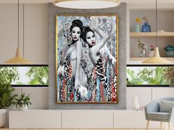 geisha art print, banksy, japanese woman art, geisha wall art, graffiti art print, asian art, kimono art canvas design,