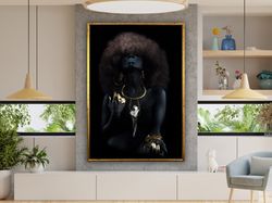 african woman canvas painting, black woman canvas print, ethnic woman art, gold jewelry wall art canvas design, framed c