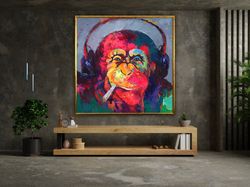 dj monkey, colered monkey wall art, smoking monkey canvas, animal art, animal poster, wall art canvas design, framed can