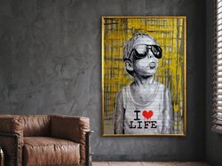 i love life poster, peace graffiti art, grafiiti wall art, colorful graffiti, boy poster, wall art canvas design framed