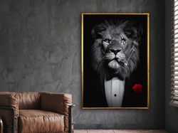 lion man smoking cigar in suit canvas, wall art home decoration painting poster print, framed canvas, ready to hang deco