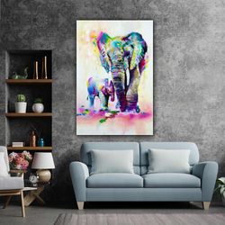 Elephant And Baby Animal With Oil Painting Effect Roll Up Canvas, Stretched Canvas Art, Framed Wall Art Painting