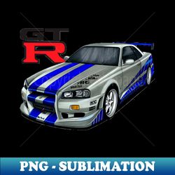 Outstanding adorable exclusive art famous japanese jdm movie car Nissan Skyline R34 GT-R V-spec NISMO Z-tune RB26DETT Z2 twin-turbo I6 2 Fast and 2 Furious - Signature Sublimation PNG File - Enhance Your Apparel with Stunning Detail