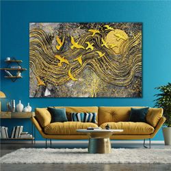 Golden Pigeons Bird Nature Landscape Gold Modern Decorative Roll Up Canvas, Stretched Canvas Art, Framed Wall Art Painti